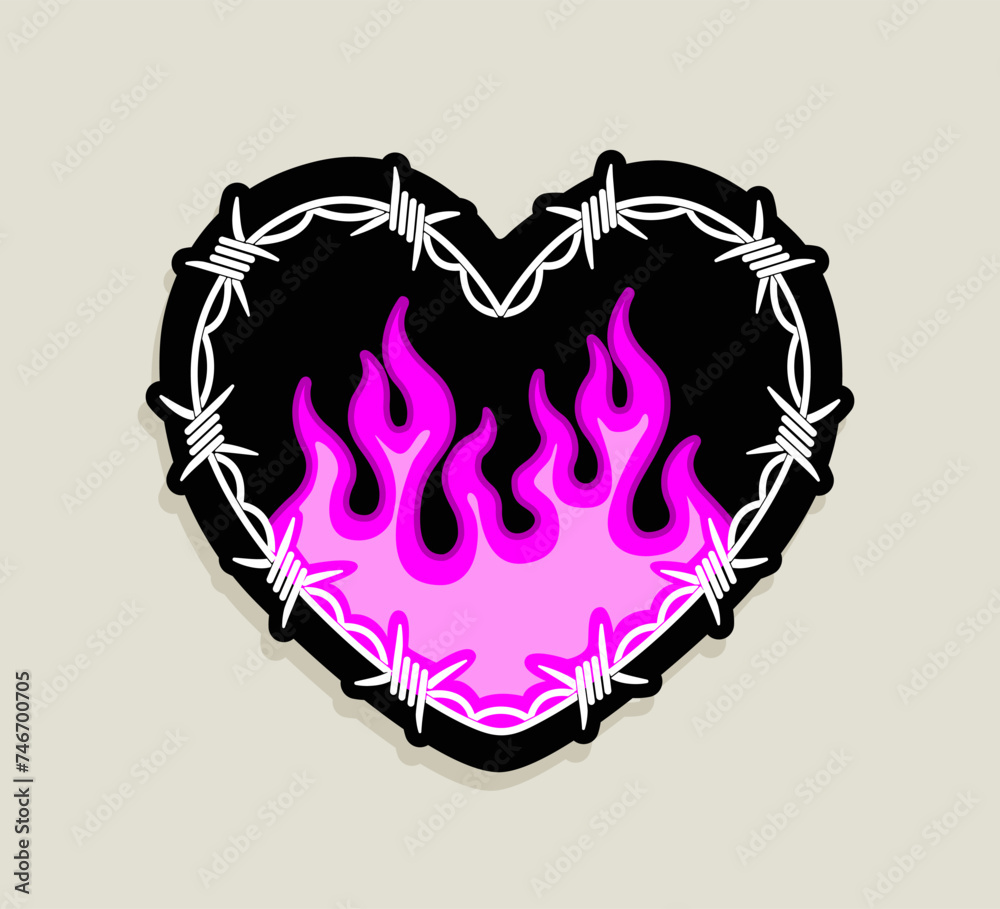 Wall mural gothic heart in y2k opium style. vintage gothic heart with pink flame on black background. chain hea