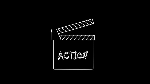 Continuous line of Action Clap or Clapper Cinema Board Drawing Line animation in black background. Simple creative outline of film clipboard. Cinematography and production concept 