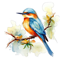 watercolor drawing of a beautiful bird on a tree branch png / transparent