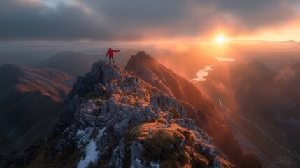 A climber in red jacket stands triumphant on a mountain peak as the sun sets behind distant hills, lighting up the rugged terrain - obrazy, fototapety, plakaty