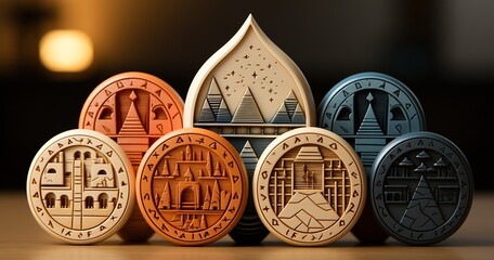 an image with five wooden pyramid icons with arrows in the middle, in the style of light orange and azure, circular shapes, carved wood blocks, dau al set, innovative - obrazy, fototapety, plakaty