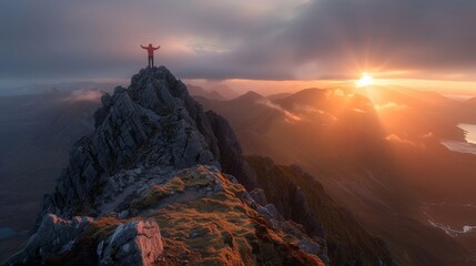 A figure celebrates atop a craggy peak with a dynamic sunrise backdrop, symbolizing personal success and the majesty of nature