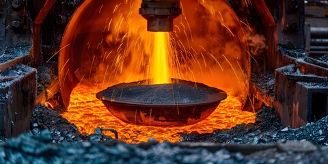 A metalworking furnace used for molten metal ladle operations in industry. Concept Industrial Furnace, Metalworking Equipment, Ladle Operations, Molten Metal, Manufacturing Machinery - obrazy, fototapety, plakaty