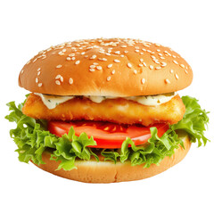 Fried fish burger isolated on white or transparent background. Burger close-up, side view. Design element for insertion into a fast food banner.