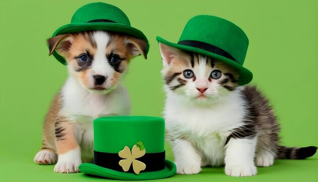 St. Patrick's Day image of a puppy and kitten in green hats created with generative ai