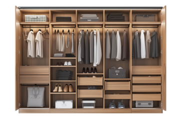 Open wardrobe made of solid wood, varnished, isolated on a white or transparent background. Close-up of an open wardrobe filled with clothes and towels. Element of furniture in the interior.