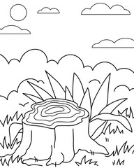 Stump in the forest, grass, meadow. Coloring page, black and white vector illustration.