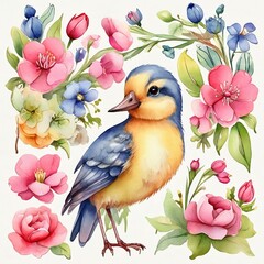 Watercolor Spring Flowers Clipart, aquarela, decoration, colorfully, AI Generative