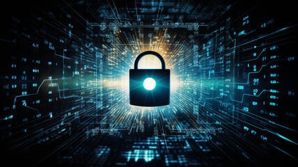 A digital padlock symbolizes cybersecurity on a backdrop of streaming binary code and circuit lines.
