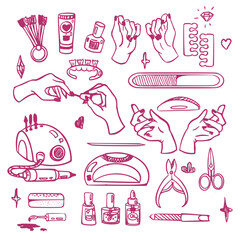 Vector set of hand drawn doodles on the theme of manicure on white background. Sketches for use in design. Hand, nail file, oil, manicure machine, scissors, palette, polish