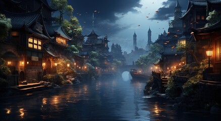 an old, narrow canal along the city, in the style of  dynasty, atmosphere of dreamlike quality, nostalgic charm, dark azure and brown, 8k, hatecore - obrazy, fototapety, plakaty
