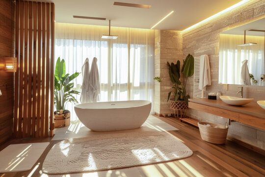 Interior of modern and luxury bathroom with white bathtub.