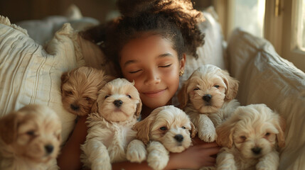 A little cute dark-skinned girl is sitting on the sofa in the living room and holding puppies in her hands.