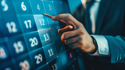 Businessman manages time for effective work. Calendar on the virtual screen interface. Highlight appointment reminders and meeting agenda on the calendar. Time management concept - obrazy, fototapety, plakaty