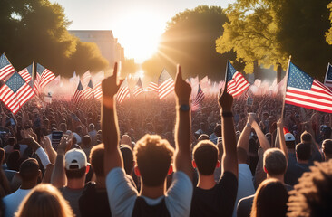 Crowd holds American flags high in sunlight at entertainment event - obrazy, fototapety, plakaty