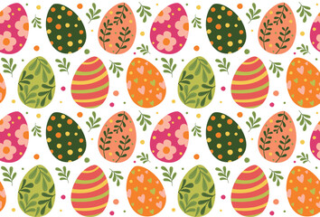 Fototapeta na wymiar Seamless colorful pattern with easter eggs and leaves. Vector background in flat style.