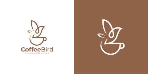 Creative Coffee Bird Logo. Flying Bird and Coffee Tea Cup with Linear Outline Style. Coffee Shop Logo Icon Symbol Vector Design Template.