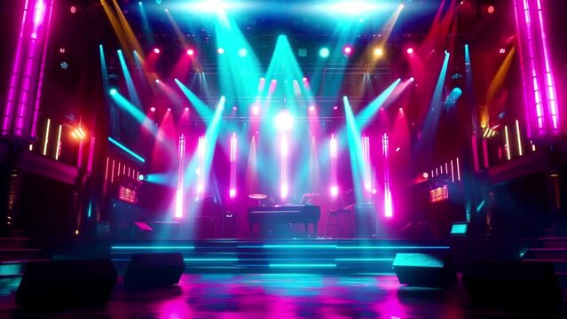 The concert stage pulses with energy, bathed in vibrant lights that dance to the rhythm of the music, Seamless looping 4k video background animation
