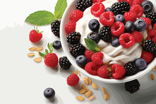 Bowl of fresh fruit. Blackberries; raspberries; blueberries on a bowl. Healthy breakfast. Vegetarian organic meal.