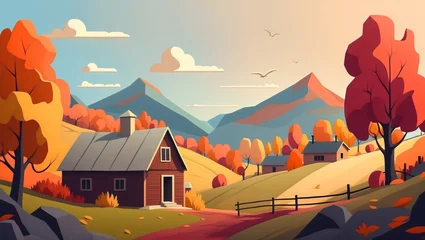 Gordijnen A cozy cottages nestled in a colorful autumn landscape, surrounded by trees and a picturesque countryside. Sky filled with clouds and birds © CraftyStarVisual
