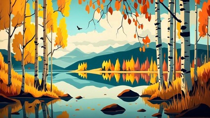 Beautiful fall scene with yellow birch trees reflecting in a calm lake, under a cloudy sky with distant mountains