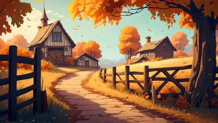 Poster An autumn farm scene with a wooden fence, farmhouse, fallen leaves, and trees blowing in the wind © CraftyStarVisual