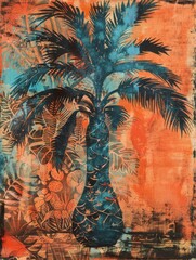 Palm Tree Painting on Orange Background. Printable Wall Art.