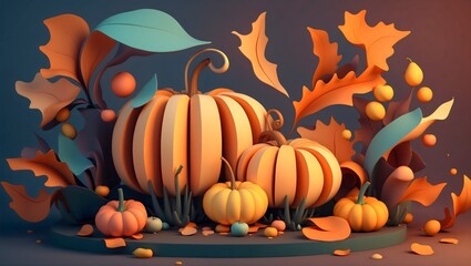 3D pumpkin background with autumn leaves, grass, and foliage