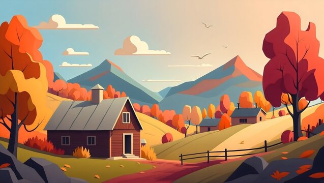 A cozy cottages nestled in a colorful autumn landscape, surrounded by trees and a picturesque countryside. Sky filled with clouds and birds