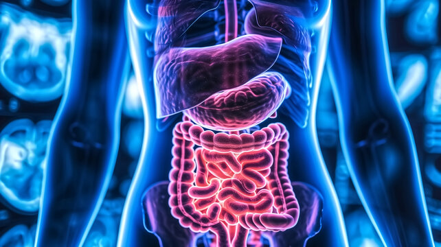 A detailed 3D rendering of the human digestive system, showing the liver, stomach, and intestines with a glowing x-ray effect.
