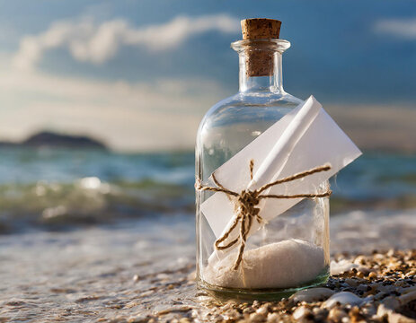 Messaggio in una bottiglia di vetro con lo sfondo il mare o lago