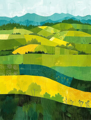 Green and Yellow Landscape Painting. Printable Wall Art.