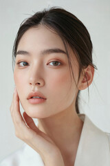 A young Asian woman with soft facial features stands against a light backdrop. She gently touches her cheek with her hand