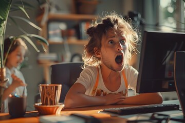 Fascinated Child Staring in Shock at Computer Screen