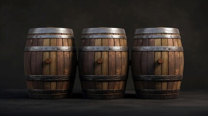 three wooden barrel isolated on black background , wooden casks