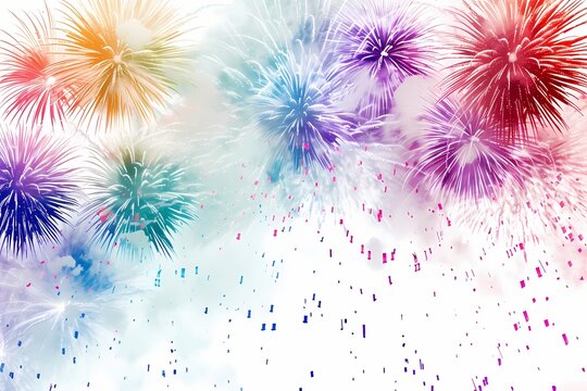 A dazzling moment frozen in time, with fireworks bursting in celebration of a birthday, against a pristine white background, filling the scene with vibrant colors and energy.