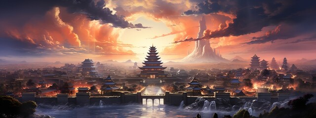 ancient city, in the style of light orange and sky-blue, purple and gold, sunrays shine upon it, soft-edged, subdued tranquility, elaborate borders, piles/stacks - obrazy, fototapety, plakaty