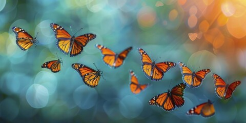 Butterflies migrating, one leading the path, strategy in nature, vibrant colors against blur background.
