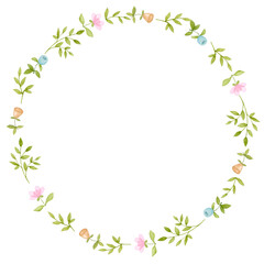Fototapeta na wymiar Floral wreath, round frame. Hand drawn watercolor illustration. Easter, spring, children's party, birthday, baby shower. Design for greeting cards, invitations, posters.