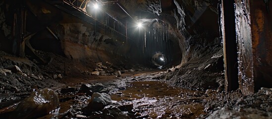 A dark, narrow tunnel is shown, completely filled with dirt. The tunnel appears to be abandoned and in disrepair, with soil covering the walls and floor. The lack of light makes it difficult to see