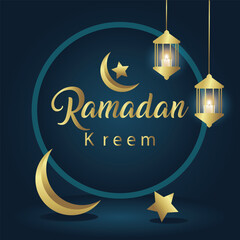 Islamic greetings Ramadan Kareem. Islamic greeting card template with Ramadan for wallpaper design. Card design with lantern and crescent moon, Ramadan Kareem square banner. Vector illustration.