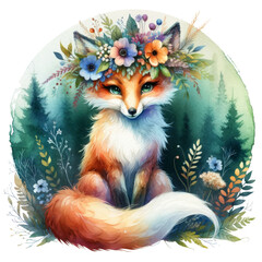 Watercolor illustration of a whimsical fox with a floral crown, set against a forest backdrop.