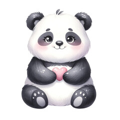 Watercolor illustration of panda holding a pink heart, isolated on a transparent background, digital illustration suitable for greeting cards and children's designs.