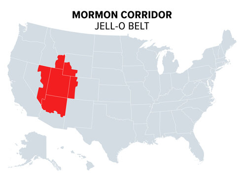 Mormon corridor of the United States, nicknamed Jell-O belt, political map. The Mormon culture region, or the Book of Mormon belt, are areas of Western North America, settled by members of LDS Church.