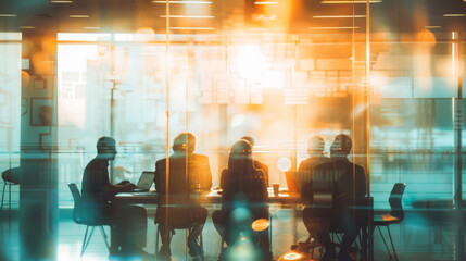 A group of professionals is engaged in a business meeting inside a modern conference room with glass walls and ambient lighting. - obrazy, fototapety, plakaty