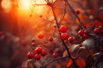 Branch with red rose hip berries on blurred background - obrazy, fototapety, plakaty