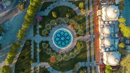 Aerial View Sultanahmet Square in city center Sultan Ahmet Park and fountain