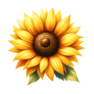 Watercolor illustration of Bright sunflower illustration with vibrant yellow petals on a transparent background, perfect for nature-themed designs.