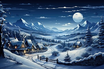 background blue village winter background stock vector svg christmas, in the style of photobashing, photo-realistic landscapes, dark navy and white - obrazy, fototapety, plakaty