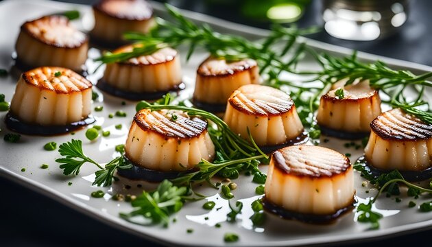 sea scallops on white plate with green herbs on dark background
